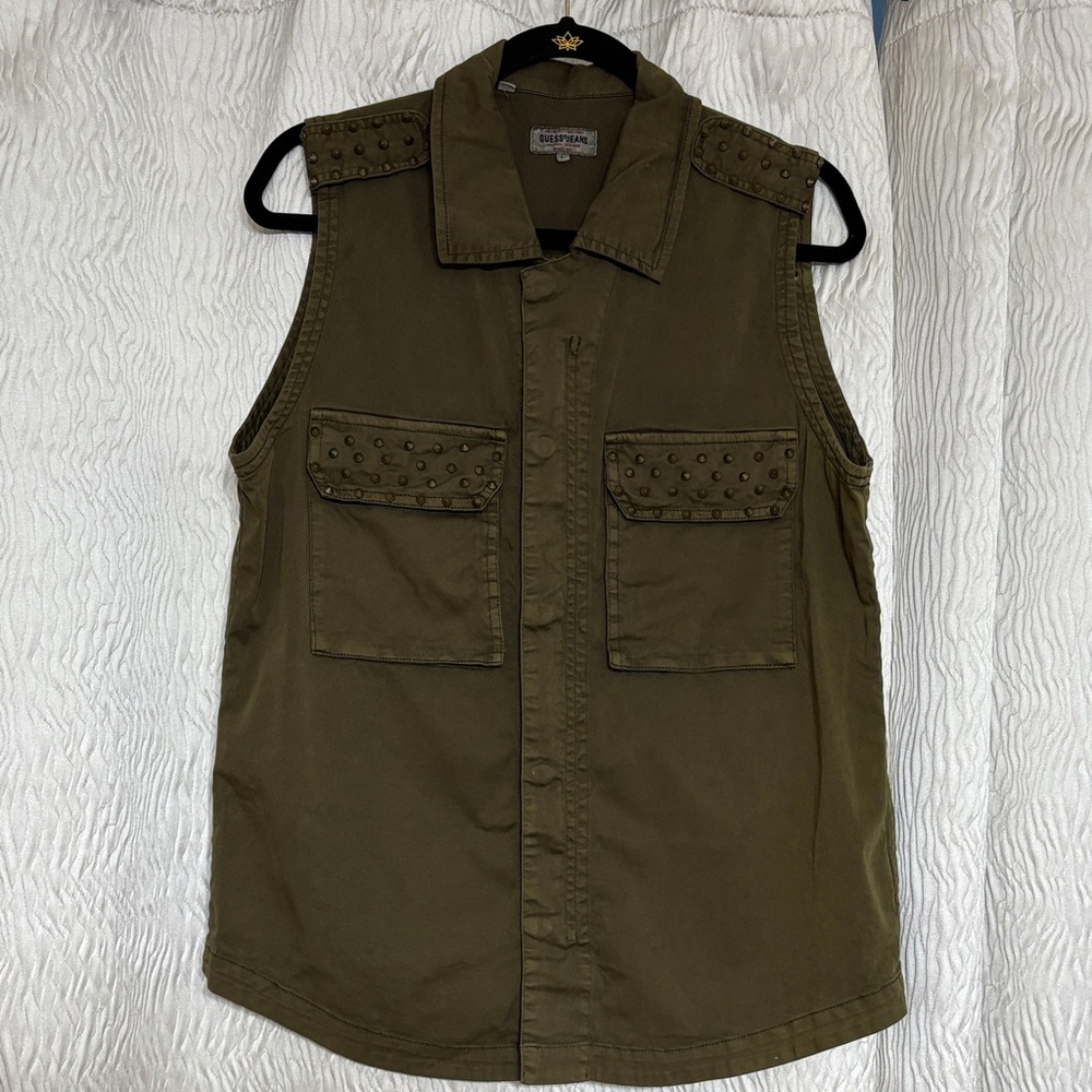 Vintage Guess Studded Military Rocker Grunge Vest Olive Army Green~Size L